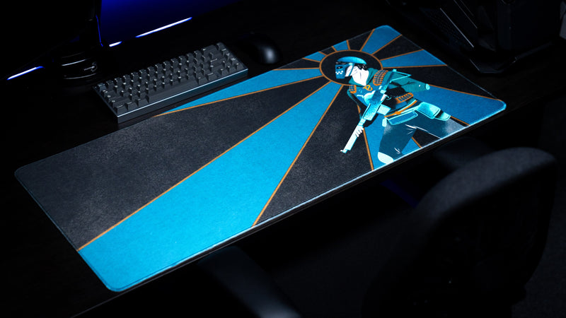 Blooprint Solo's Journey deskmat — Black, on desk