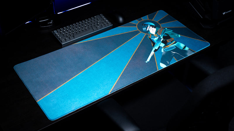 Blooprint Solo's Journey deskmat — Navy, on desk