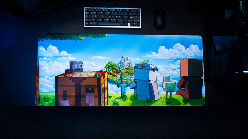 Top-down view of the Something Like That adventure deskmat featuring a floating island, block-style characters, and colorful fantasy artwork.