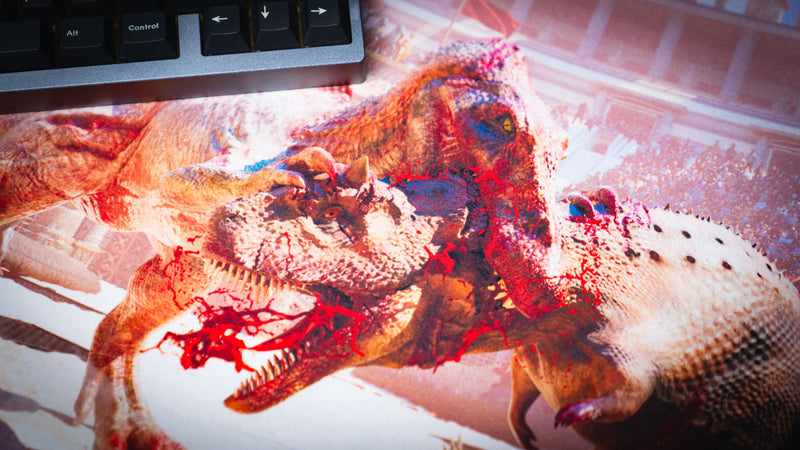 Close-up of The Spinosaurus Chompers deskmat by Keenling featuring a Spinosaurus biting into a Triceratops during a brutal dinosaur battle inside a Roman gladiator arena.