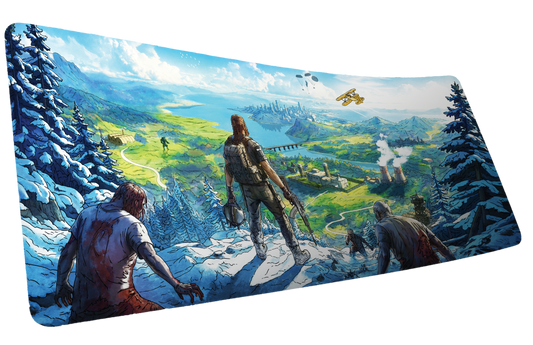 Torak Dead Horizon desk mat mockup with a survivor on a snowy ridge, undead figures, green valley, and distant city.