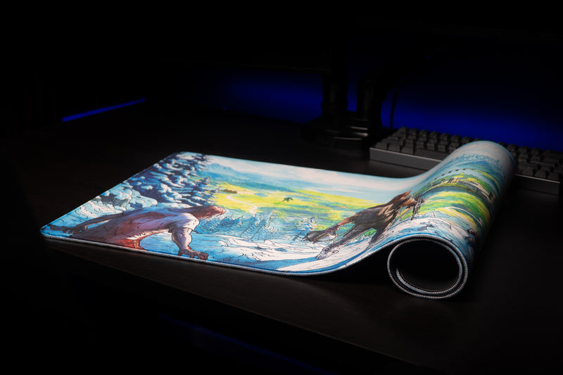 Dead Horizon desk mat partially rolled to show the stitched edge, black backing, and survivor artwork.