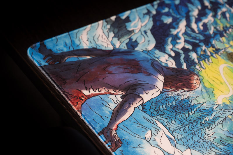 Close-up of an undead figure and snow-covered trees printed on Torak's Dead Horizon desk mat.