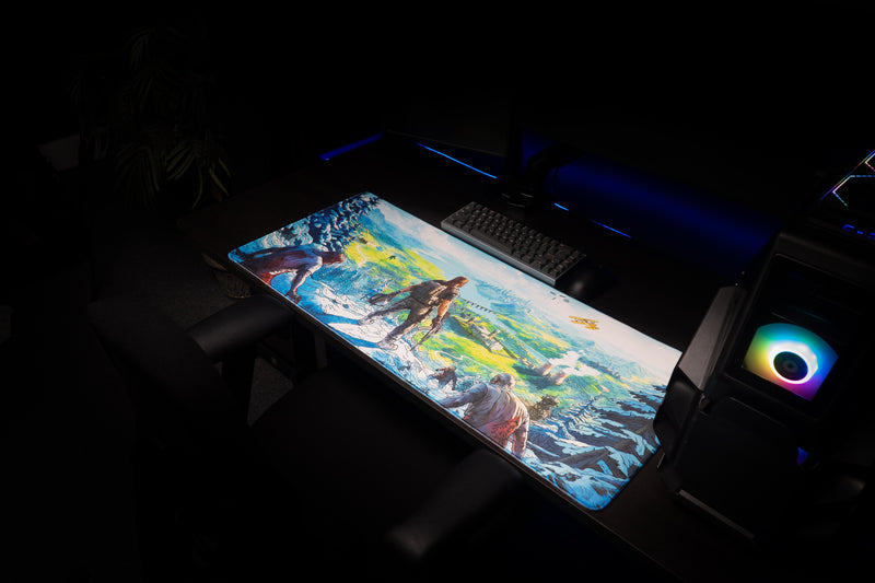 Wide angled gaming setup with Torak's Dead Horizon desk mat displaying the full survivor landscape.