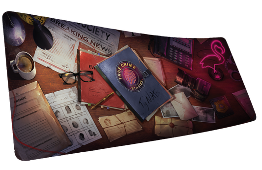 Ty Notts Detective Perspective desk mat mockup with true-crime case files, fingerprint records, and a neon flamingo lamp