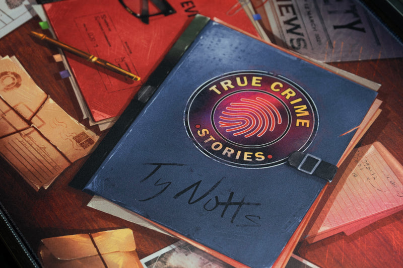 Close-up of the True Crime Stories file and Ty Notts signature on the Detective Perspective artwork