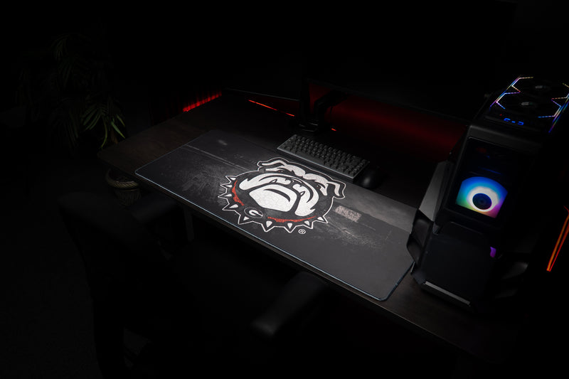 Georgia Bulldogs Home Turf deskmat displayed in a dark gaming workstation.