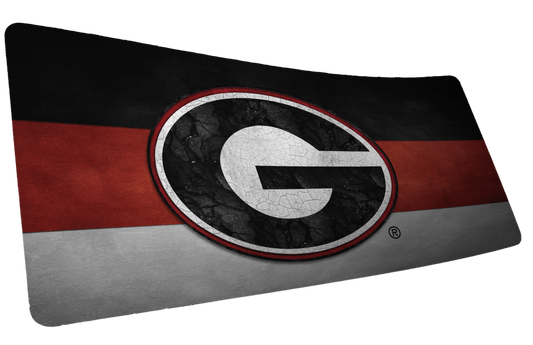University of Georgia Georgia Pride deskmat with large G logo over black, red, and silver stripes.