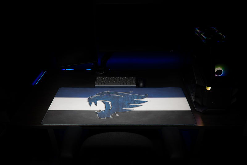 Front view of the Kentucky Wildcat Pride deskmat with blue wildcat graphic and bold stripes.