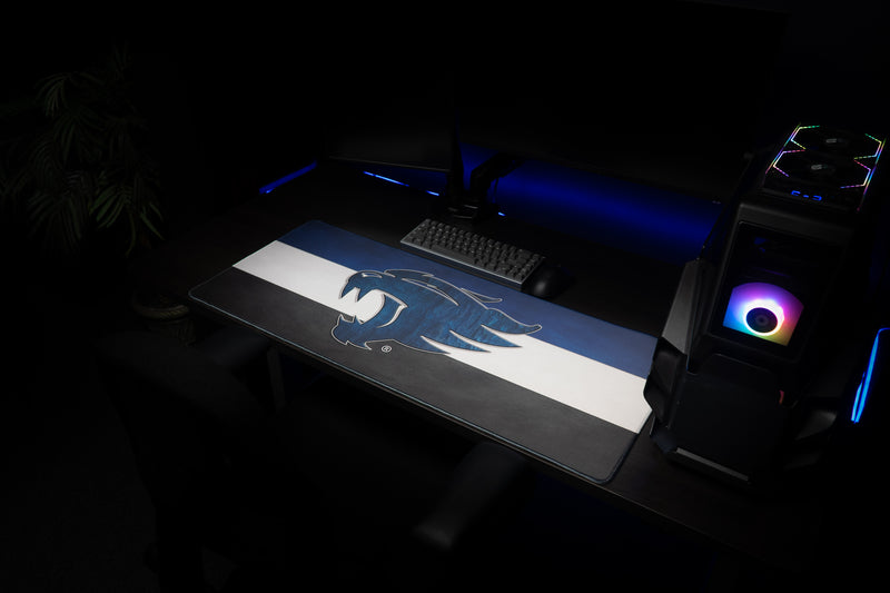 Kentucky Wildcat Pride deskmat across a workstation with blue, white, and black stripes.