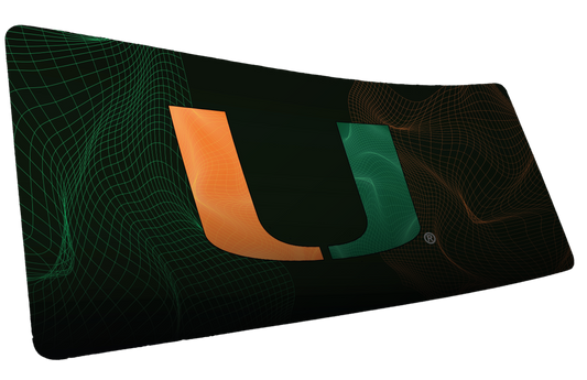 University of Miami Hurricane Flowstate deskmat mockup of the orange-and-green U amid flowing green and orange wireframe lines