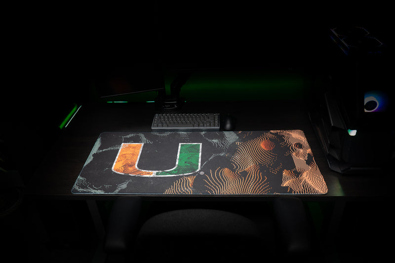 University of Miami Hurricane Static deskmat front view of the full distressed U and static pattern