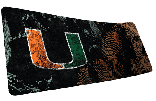 University of Miami Hurricane Static deskmat mockup of the distressed U with broken orange and mint signal lines