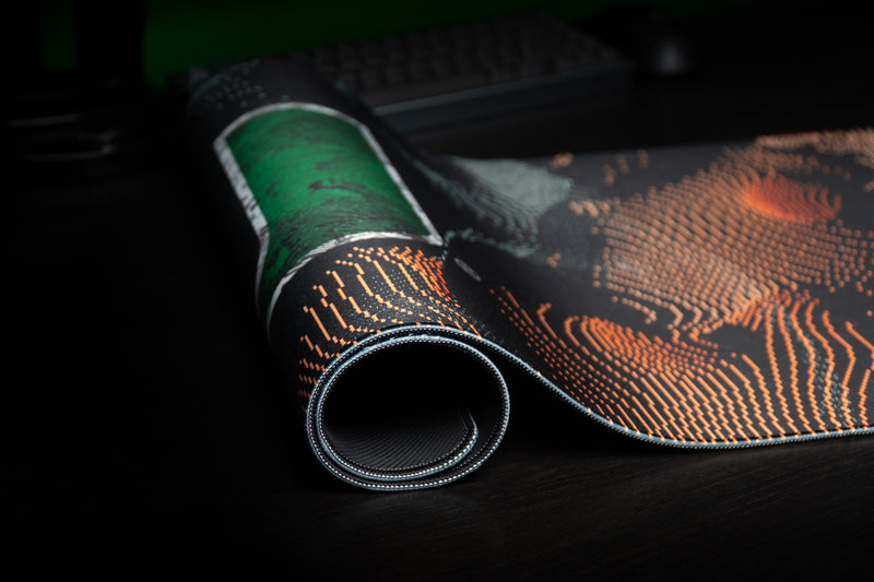 University of Miami Hurricane Static deskmat close-up of the green U and rolled stitched edge