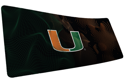 University of Miami Miami Surge deskmat mockup of the centered U with green wireframes and orange currents