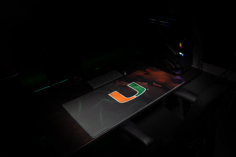 University of Miami Miami Surge deskmat wide angled view of the Miami Surge deskmat in a gaming setup