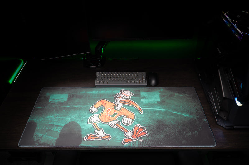 University of Miami Sebastian's Home Turf deskmat front view showing Sebastian across the stadium deskmat