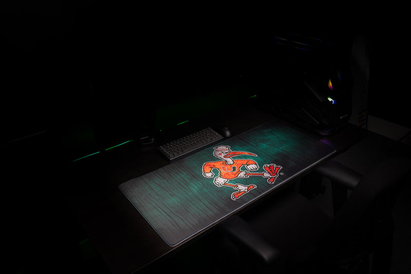 University of Miami Sebastian's Mark deskmat wide angled view of Sebastian's Mark in a gaming setup