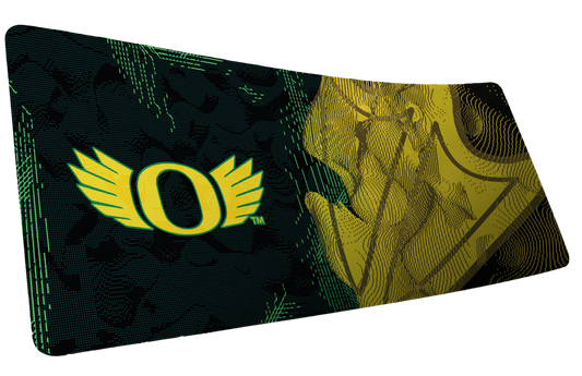 University of Oregon Emerald Flight deskmat with yellow winged O and green-and-gold abstract design.