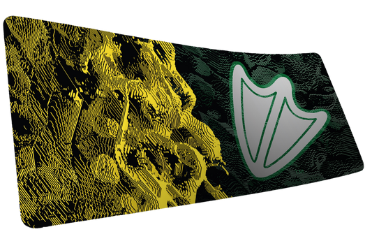 University of Oregon Flux deskmat with white webbed-foot emblem and abstract yellow-and-green pattern on black.