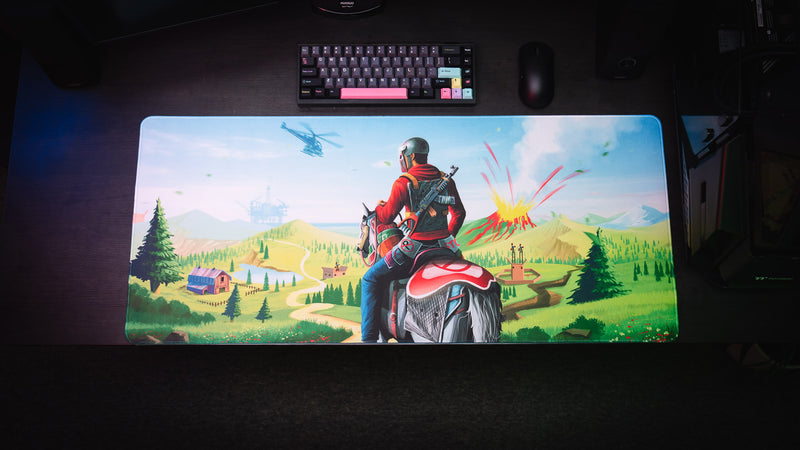 Top-down view of the Welcome to Rust deskmat featuring a survivor on horseback overlooking iconic Rust landmarks, vibrant HD artwork, premium stitched edges, and a spacious gaming surface.