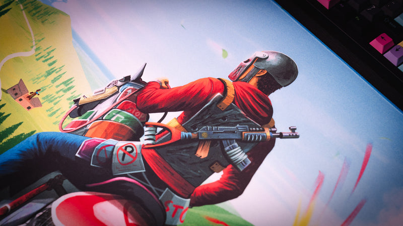 Close-up of the Willy and his Horse gaming deskmat featuring the rider on horseback with detailed illustrated artwork, premium print quality, and vibrant colors.