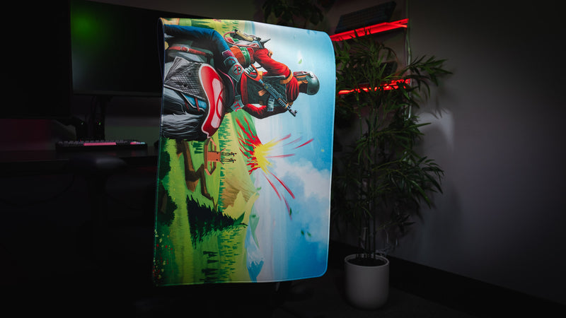 Willy and his Horse gaming deskmat displayed vertically, highlighting the premium stitched edges, vibrant artwork, and flexible rollable design.