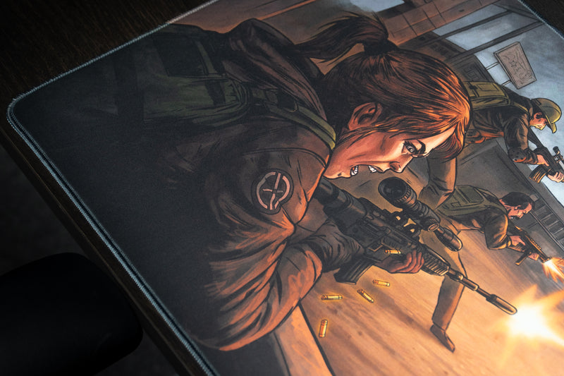 Close-up of a survivor aiming a rifle in the Xclusion Final Stand deskmat artwork