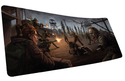 Xclusion Final Stand deskmat mockup showing survivors fighting zombies at a fenced outpost