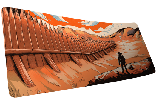 Zodec's Great Wall of Chernarus XL desk mat: orange illustration of a huge wooden stake wall, with a lone armed survivor looking on